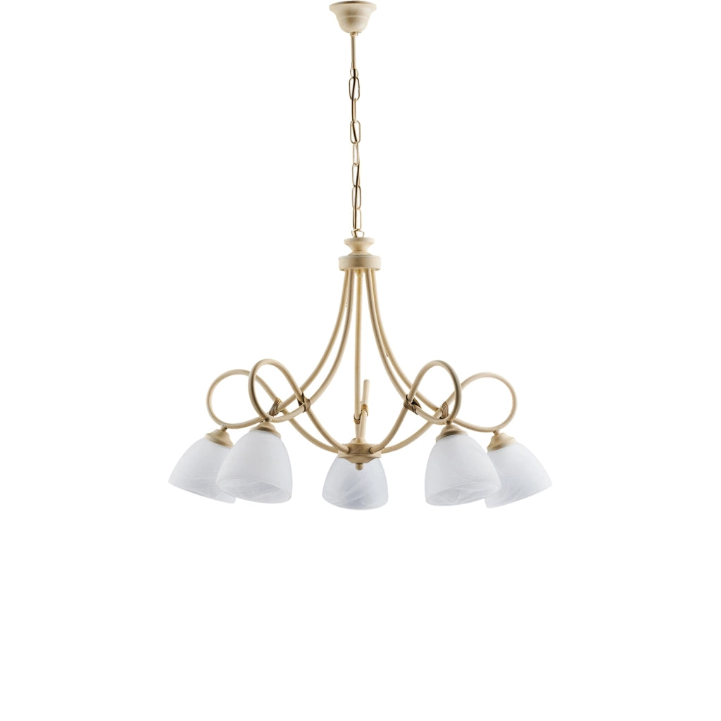 Lampadario 5 Luci Dallas BeLight Ferro Battuto Avorio e Vetro Bianco