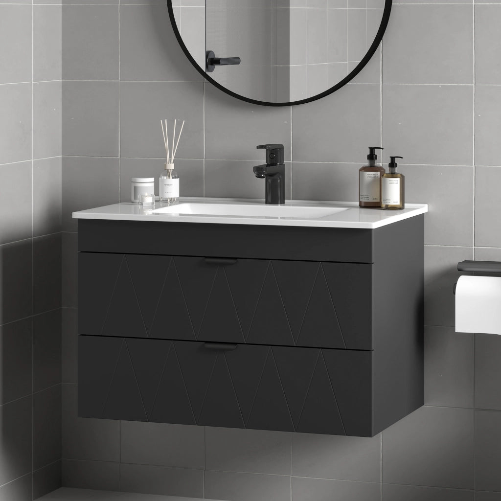 Mobiletto Sottolavabo Sospeso con Lavabo Ceramica e Cassetti Soft-Close ¨C zephmum ¨C Nero