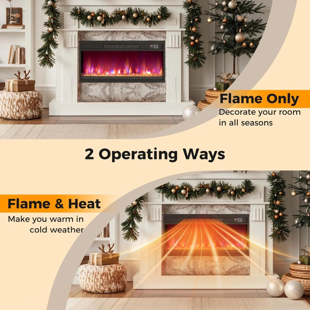 Camino Elettrico 1500W, Caminetto Elettrico con Effetto Fiamma LED a 8 Colori, 3 Livelli di Luminosità,17-32℃, Protezione Anti Surriscaldamento, Telecomando (68,5 X 11,9 X 34,2 CM)