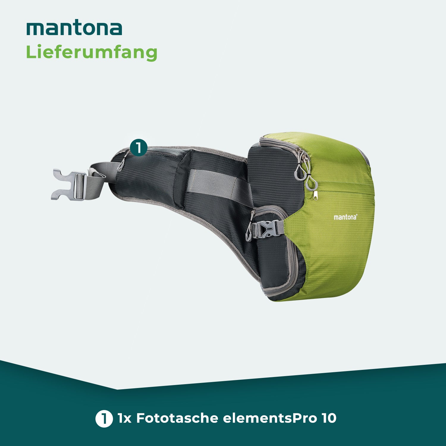 Mantona elementsPro 10 verde - borsa fotografica per fotografi all'aperto con cintura, imbottitura traspirante e copertura antipioggia - compatta e leggera - per fotocamere DSLR