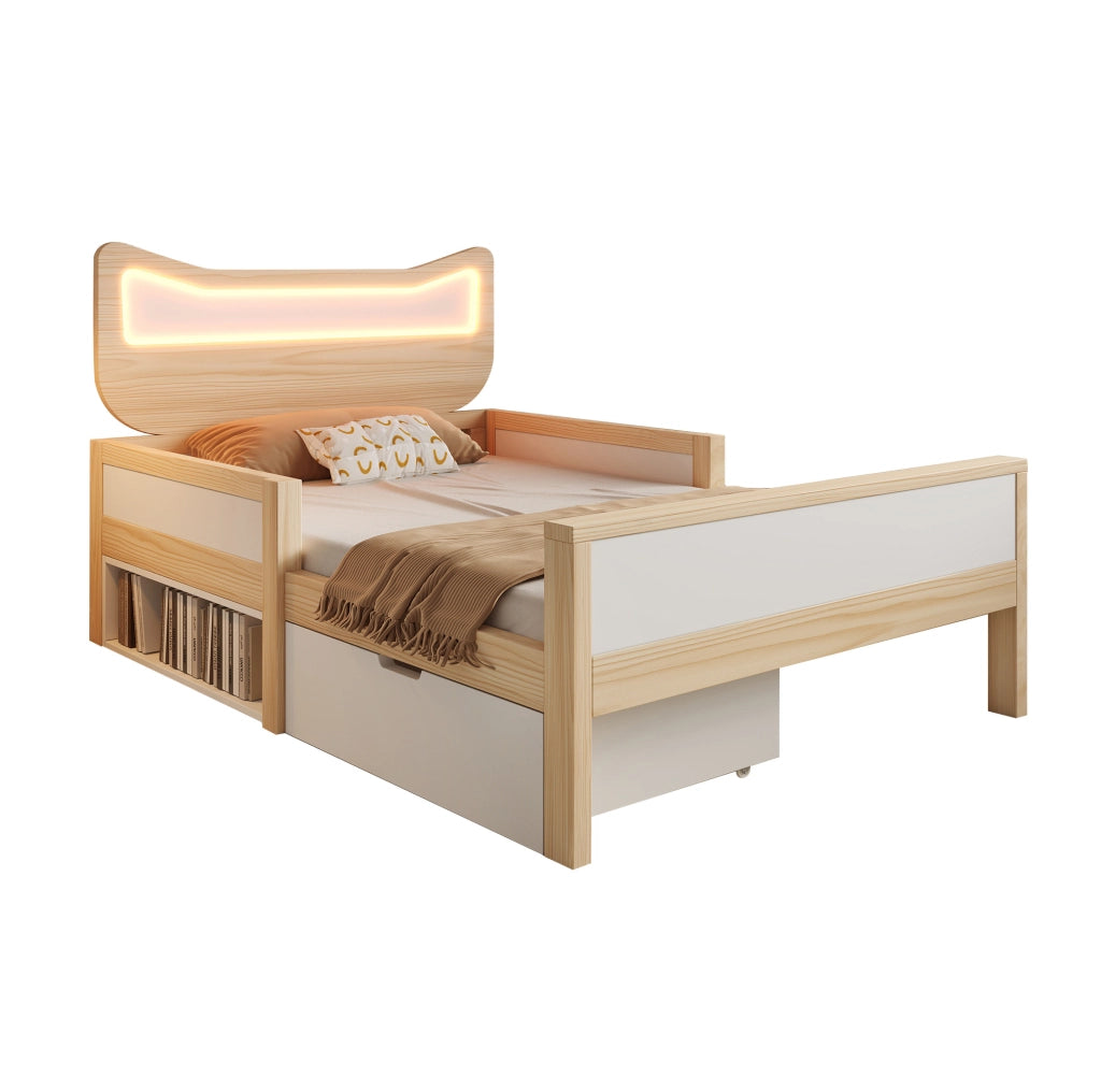 Letto singolo 90x200 cm con testiera a forma di gatto; LED RGB; cassetto e vano portaoggetti; bianco e rovere