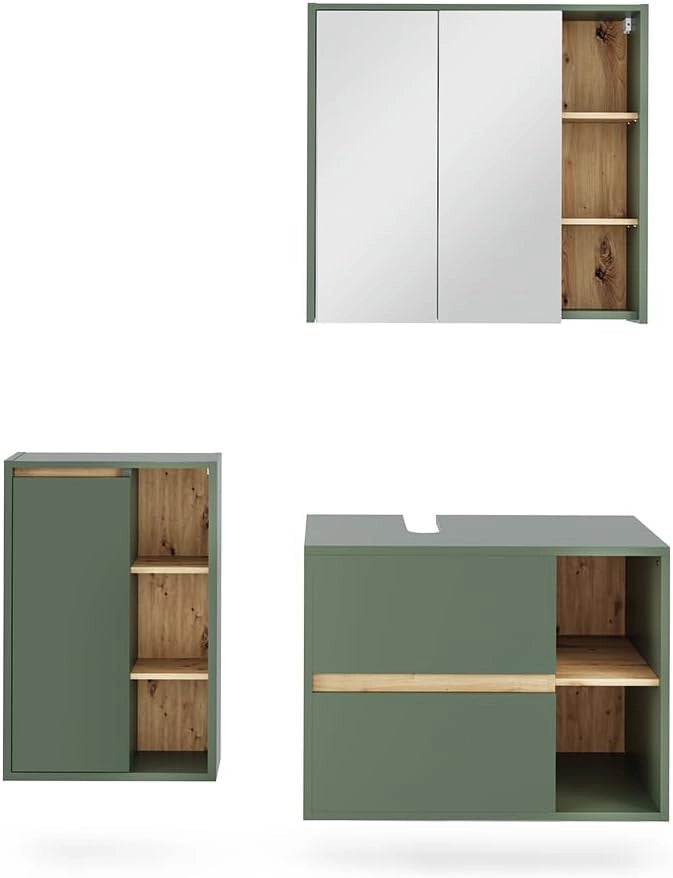 Set di mobili da bagno Viola, Artigiano/grigio, 80 cm, composto da mobile lavabo, pensile a specchio, colonna e base media