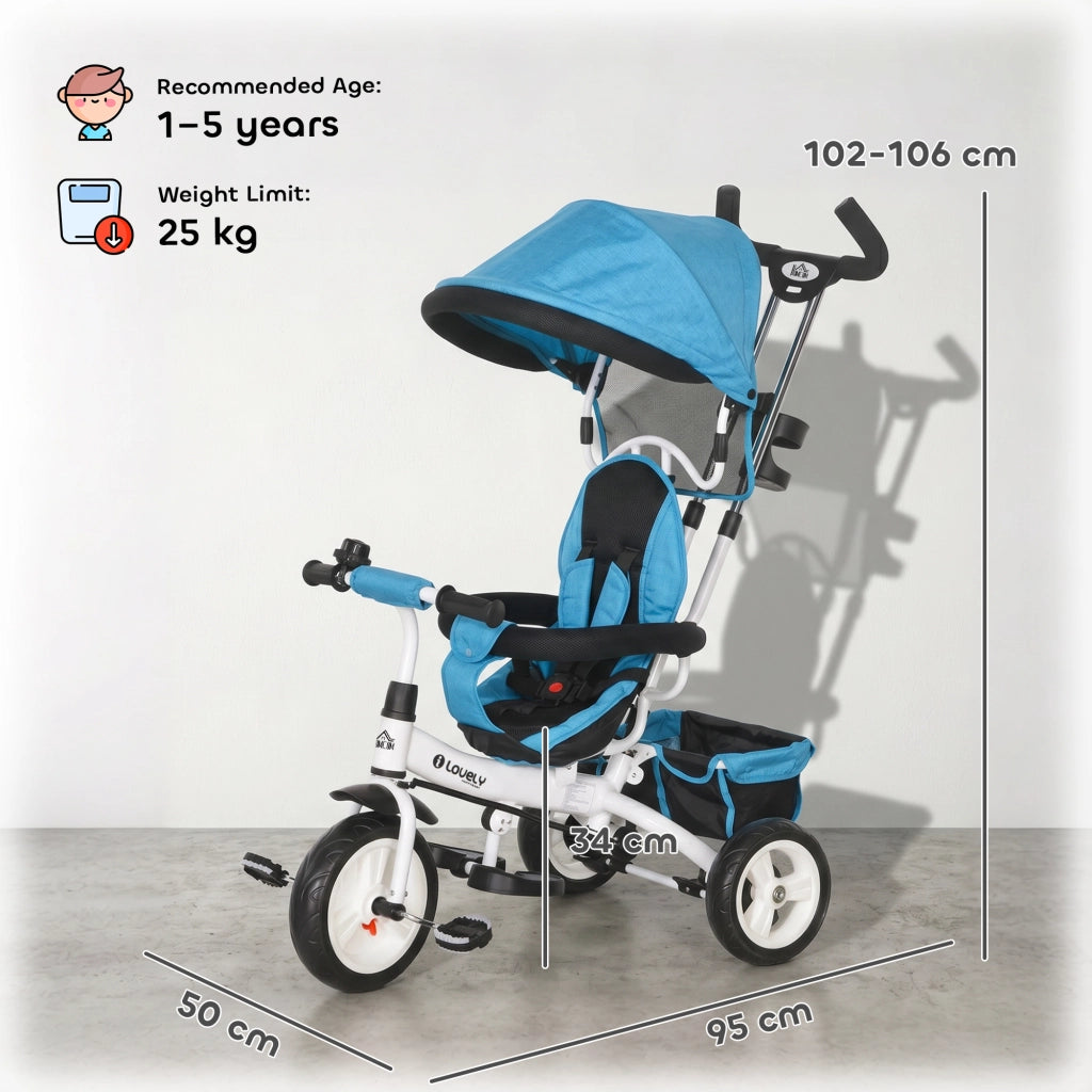 Triciclo per Bambini 6 in 1 con Maniglione e Cintura di Sicurezza ¨C Minimal ¨C Blu, Et¨¤ 1-5 Anni