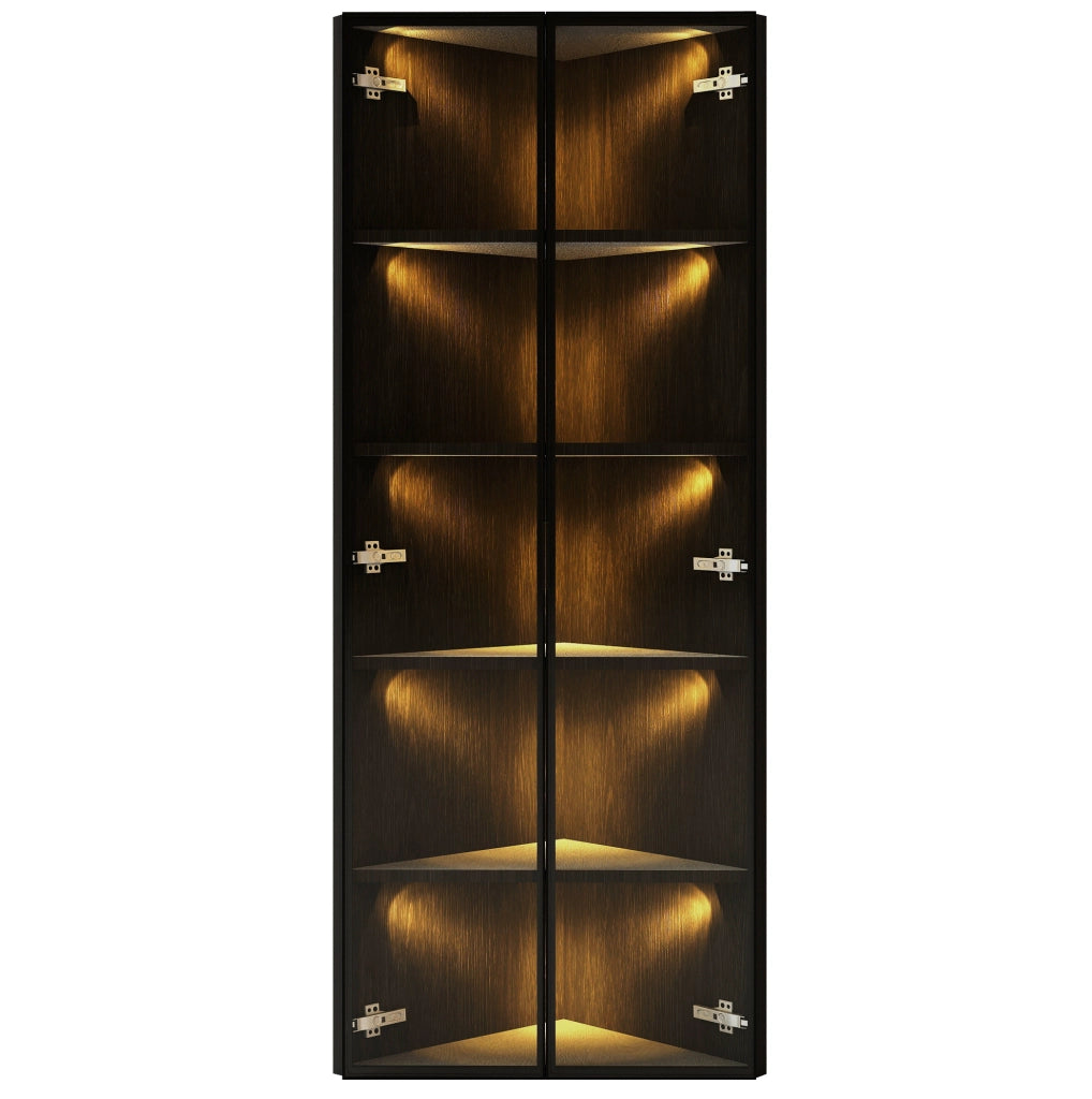 Vetrina angolare 62x35x160 cm nera MDF e vetro, LED integrati