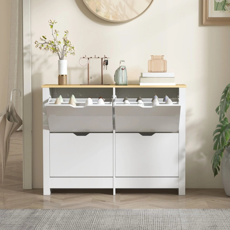 Scarpiera salvaspazio con 4 ante ribaltabili e piano d'appoggio, per ingresso, 105 × 26 × 80 cm, in legno, bianco