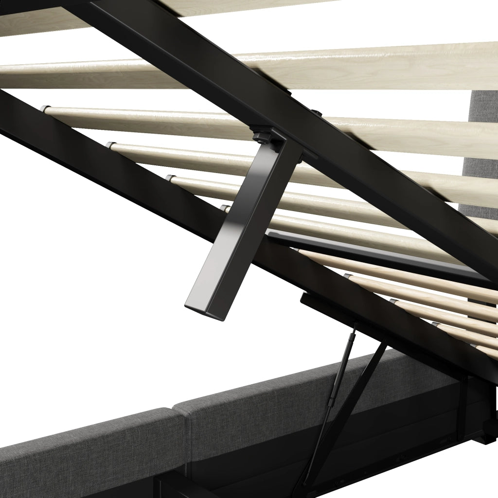Letti contenitori 140x200 cm; scomparti e LED; lino grigio (Senza materasso)