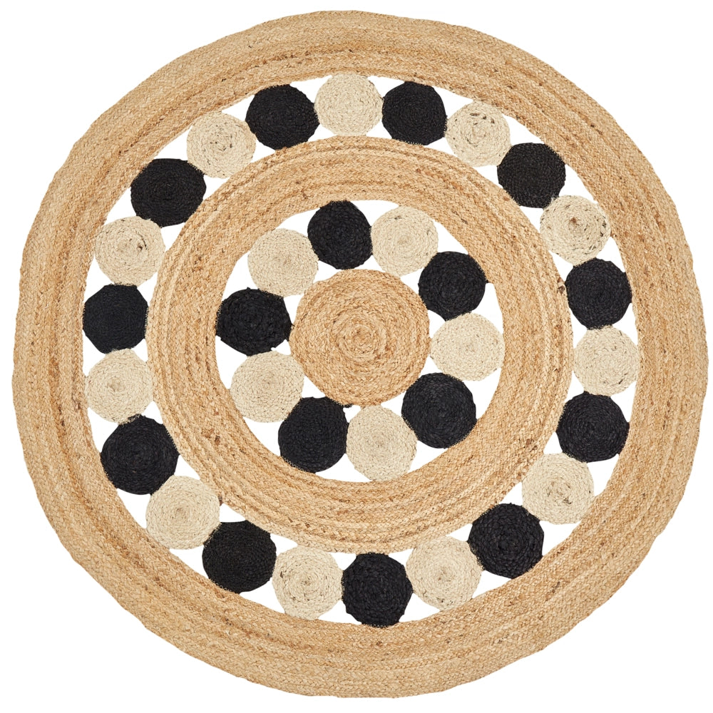 Tappeto beige e nero rotondo 140 cm Boho Rustico a spirale intrecciato fatto a mano Juta naturale Camera da letto Soggiorno