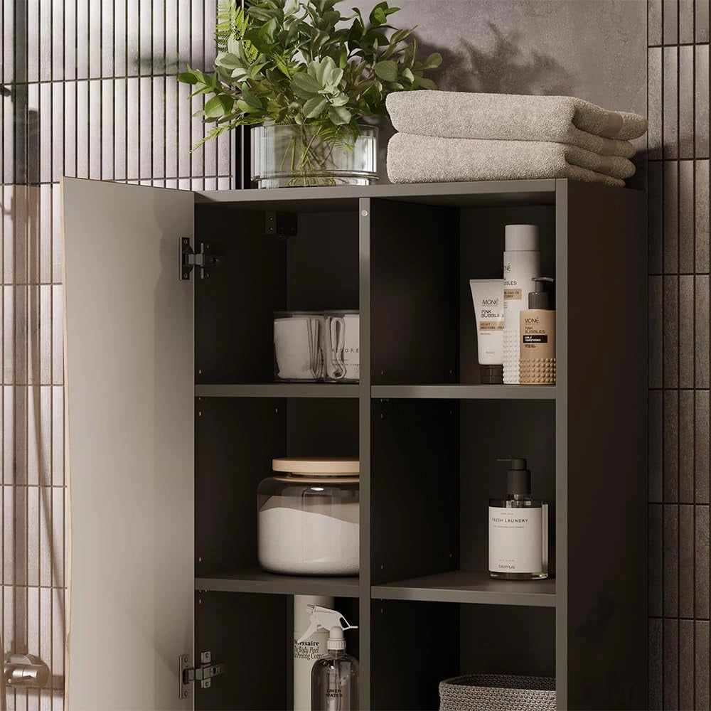 Armadio per il bagno Willow, Rovere artigianale/antracite, 56 x 130 cm con 5 scomparti aperti, adatto al montaggio a parete per diverse dimensioni di bagno