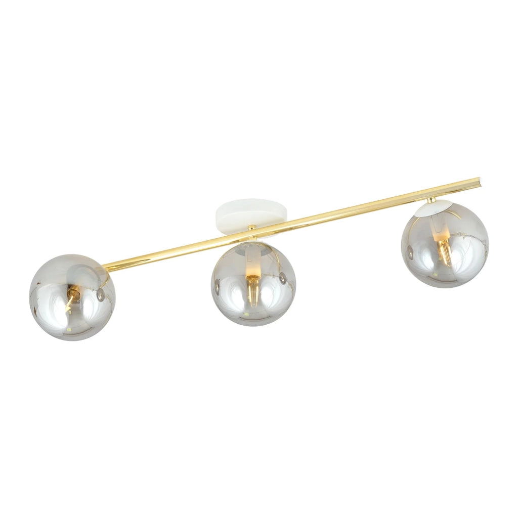 Plafoniera Contemporanea 3 Luci Eracle In Acciaio Oro/Bianco E Sfere Vetro Fumè
