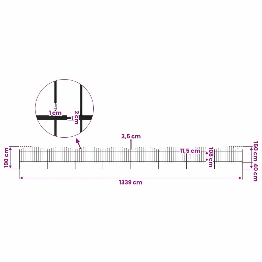 Recinzione da Giardino con Punta a Lancia in Acciaio 1339x150 cm Nero 277737