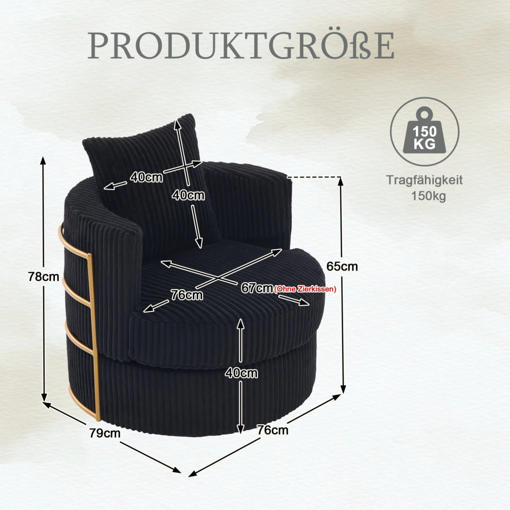 Sedia relax girevole 360° in corduroy con vano contenitore; 76 cm; nera