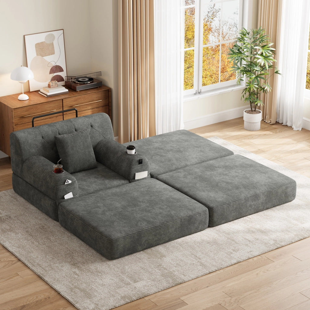 Divano letto in velluto a coste con schienale alto, tasche laterali e portabicchieri, grigio scuro 107 × 162 × 81 cm