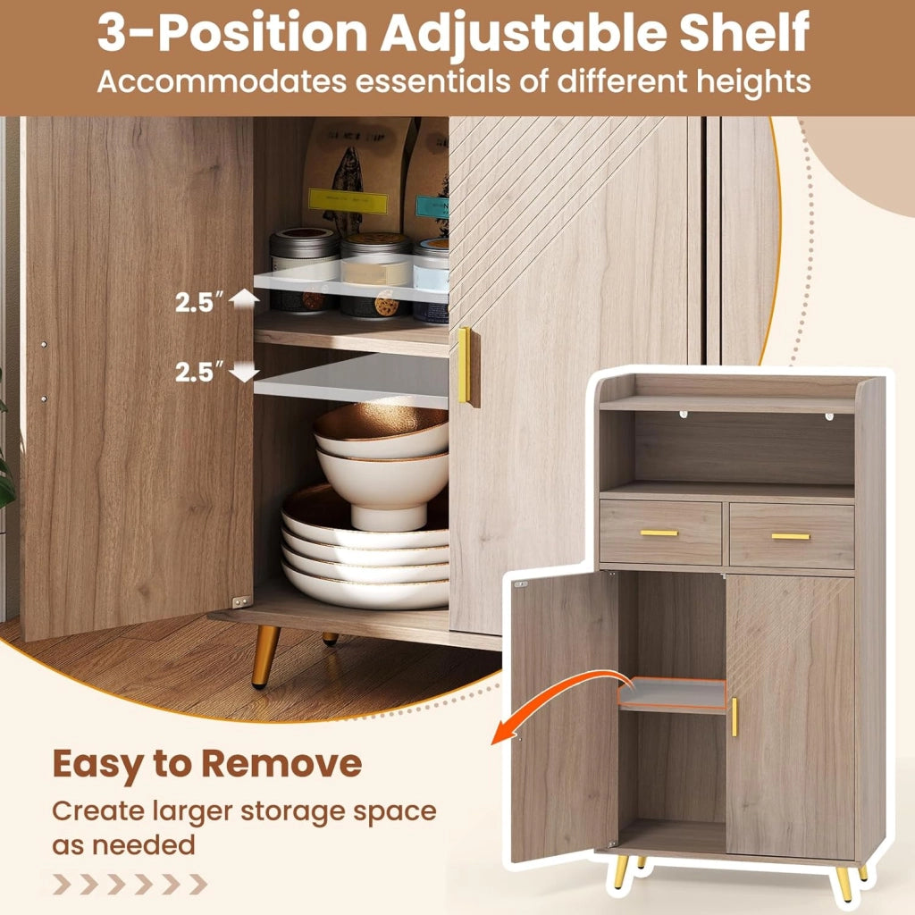 Credenza Cucina, Piano Superiore con Bordo Anticaduta, Scomparto Aperto, 2 Cassetti e Armadietto a Doppia Anta, Mobile Moderno con 2 Antiribaltamento per Soggiorno e Ingresso (Grigio)