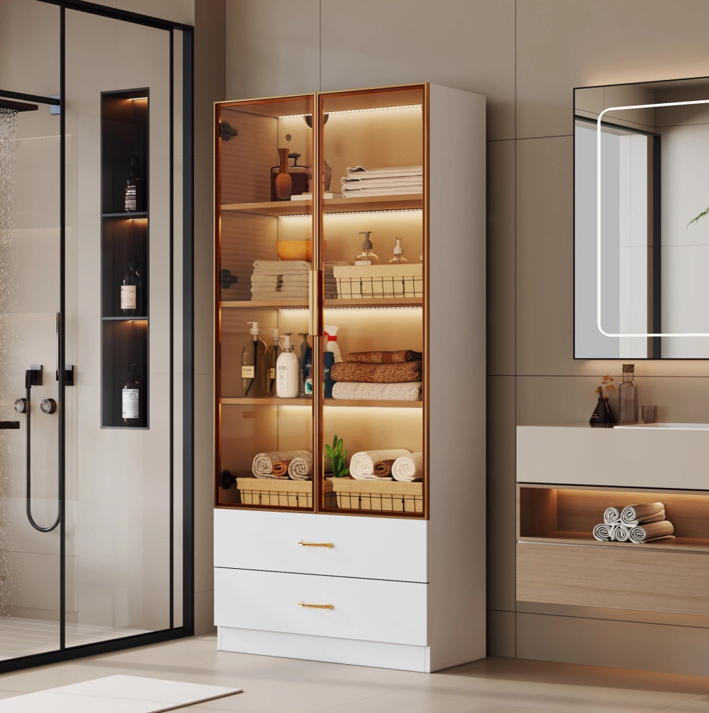 Mobile bagno alto con ante in vetro temperato; bianco; in MDF