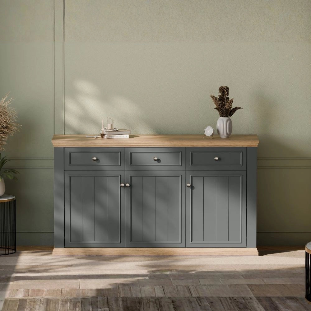 Madia Essenza 3 Ante e 3 Cassetti Grigio Scuro e Rovere 169 cm – Stile Classico Moderno