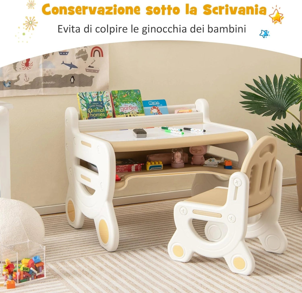 Set Tavolo e sedia per Bambini, Tavolo per Bambini con Sedia, Tavolo da Disegno Cancellabile e Ripiano, per Disegnare, Leggere, Giocare, Ideale per Bambini 3-8 Anni (Brown)