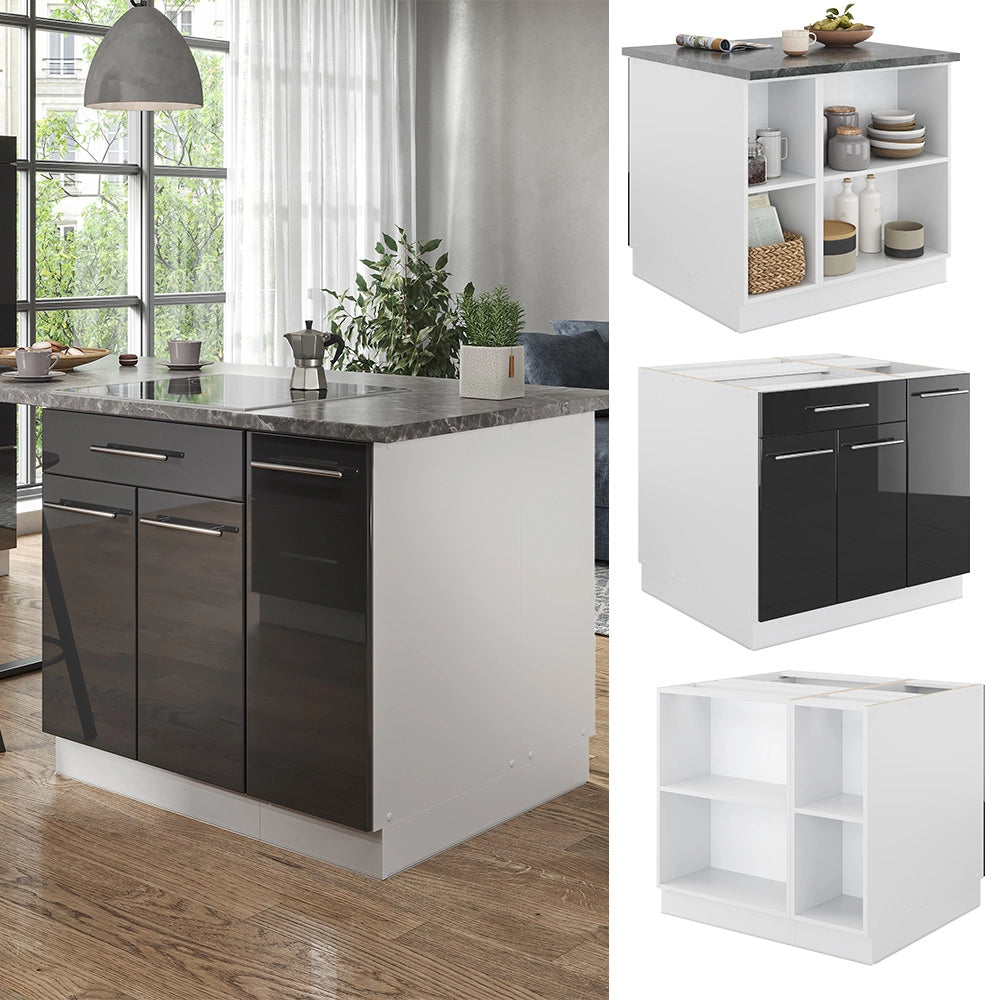Isola cucina Fame-Line Antracite lucido/Bianco 90 cm con cassetto, senza piano di lavoro Vicco
