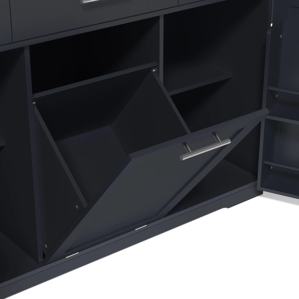 Isola cucina mobile in MDF grigio con piano ribaltabile; 3 cassetti e ruote bloccabili