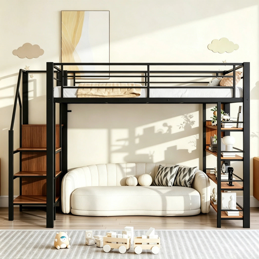 LETTO a soppalco 140x200 cm in metallo nero con scala contenitore e armadietto