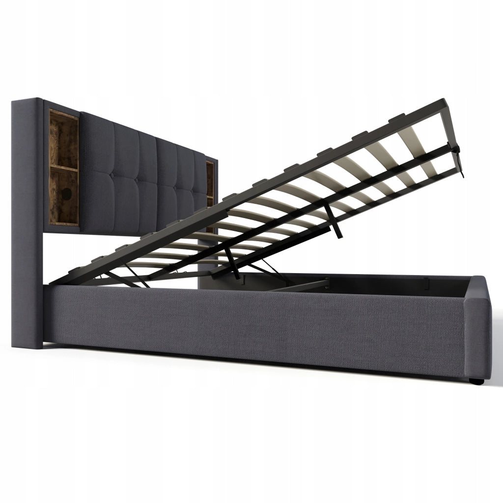 Letto imbottito 140x200 - Xylo - Grigio, con materasso, carica wireless e USB-C
