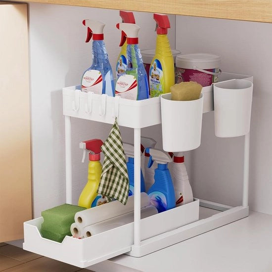 Organizzatore cucina 2 livelli, piano inferiore con gocciolatore, griglia con ganci e bicchiere, rastrello per spezie, organizzatore lavastoviglie, piano cucina, organizzatore per armadietto bagno, cucina, bianco