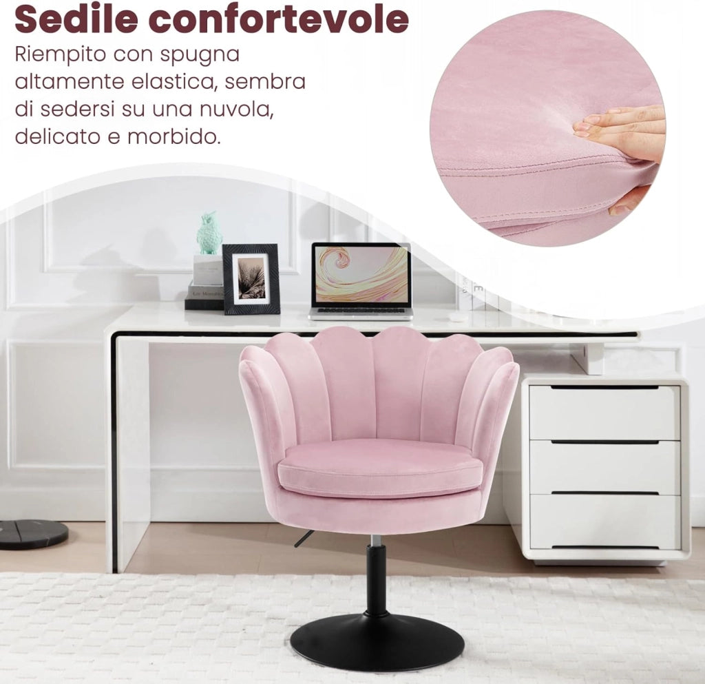 Sedia da Trucco, Sgabello Cucina, Poltrona con Seduta a Forma di Fiore, Girevole a 360°, Sedia in Velluto per Camera da Letto, Soggiorno, Altezza Regolabile 43-55 cm, Rosa