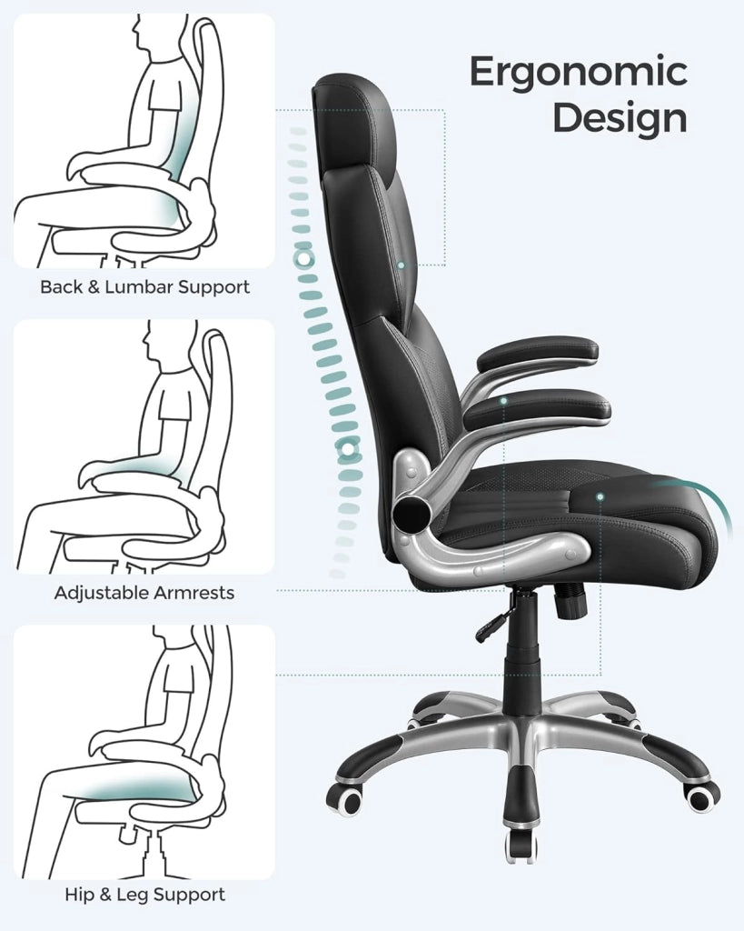 SONGMICS Sedia da Ufficio, Poltrona Girevole Ergonomica, con Braccioli Pieghevoli, Base a Stella in Nylon, Carico Massimo 150 kg, Nero OBG65BK
