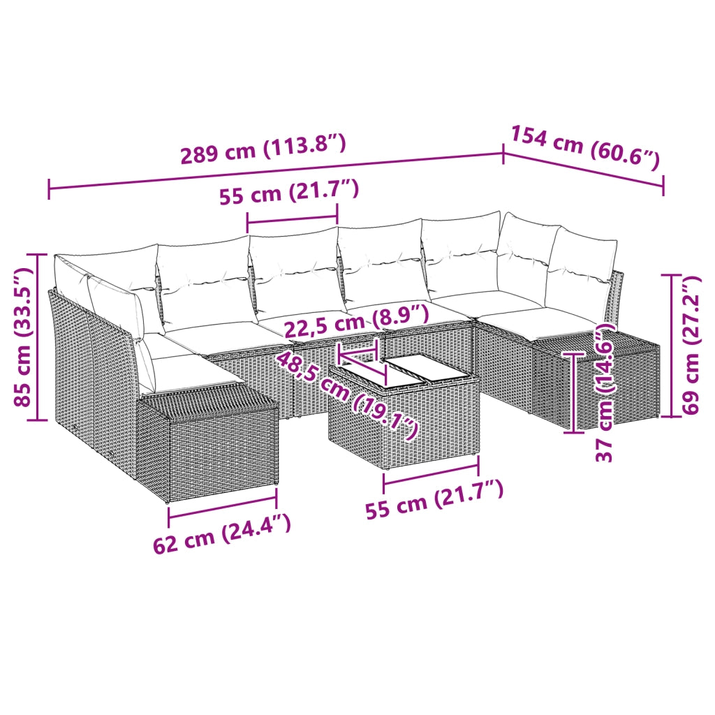 Set di divani da giardino 8 pezzi con cuscini grigio chiaro in polirattan