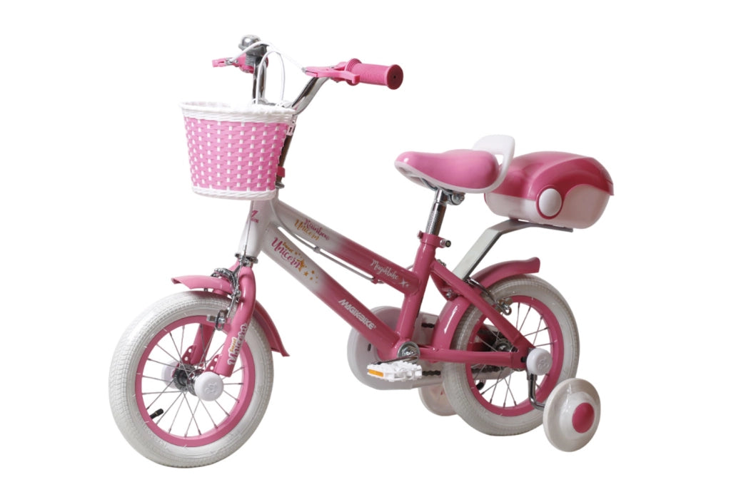 Bicicletta per Bambine Unicorn 12 Pollici con Stabilizzatori Bauletto e Cestino Rosa Rosa