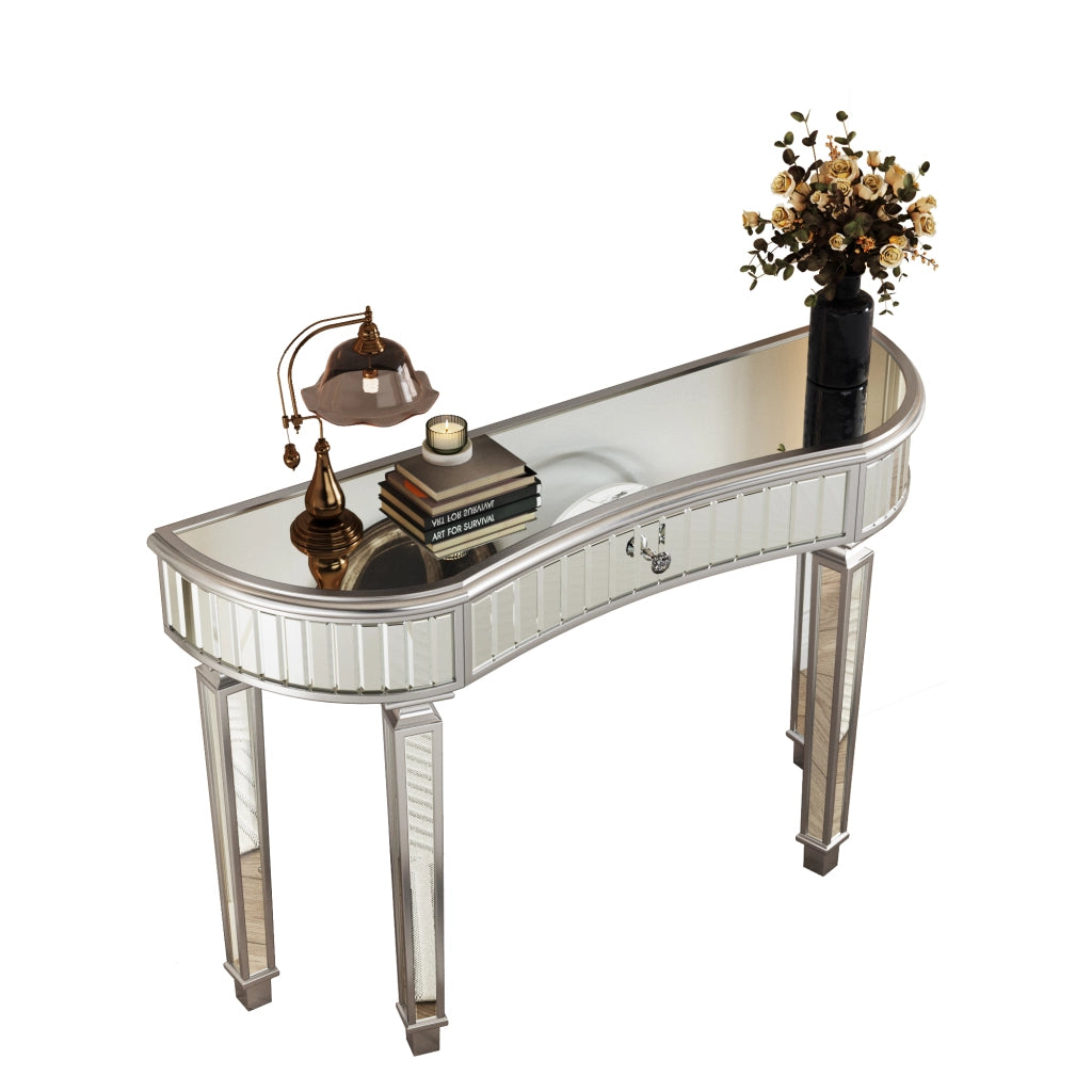 TAVOLO CONSOLLE MEZZALUNA 120 cm Grigio Argento in MDF e Vetro con Cassetto