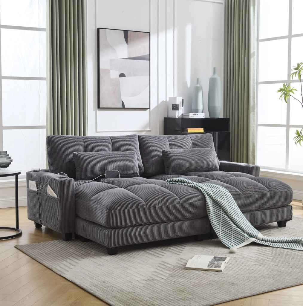 Poltrona relax 140x112x81 cm con portabicchieri e tasche in velluto grigio