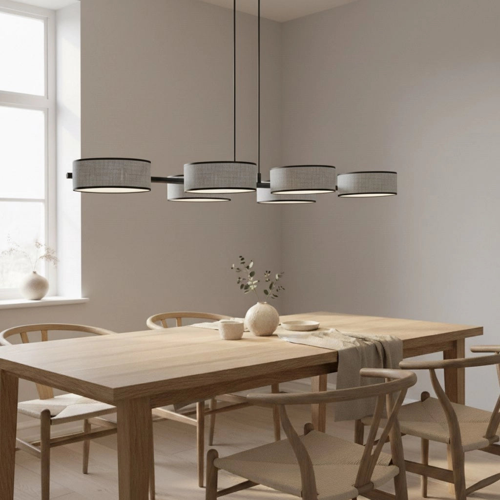 Lampada a sospensione DRUMZ 6 in acciaio nero e tessuto grigio
