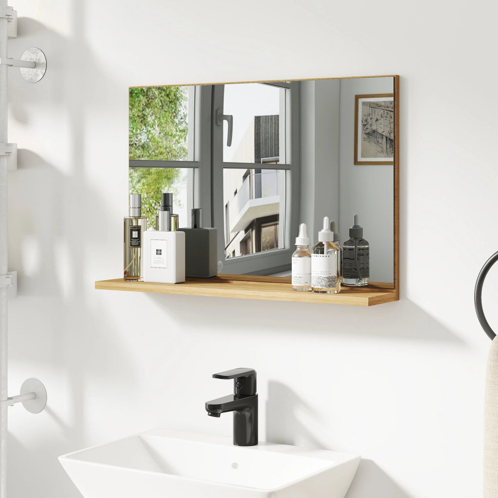 Specchio Bagno da Parete con Mensola Design Moderno e Multiuso, 60x12x40 cm, Legno