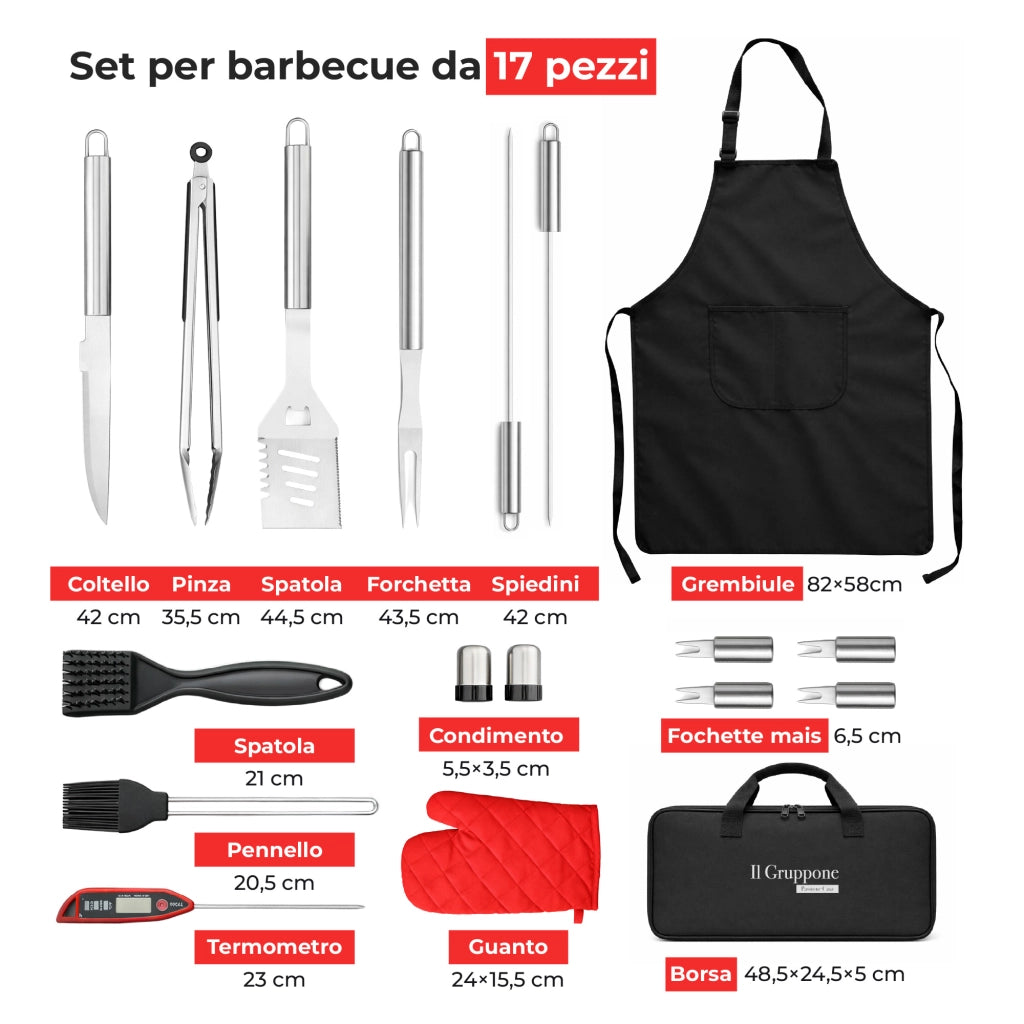 Set BBQ Professionale con Termometro Carne – Accessori Barbecue in Acciaio Inox 430 Alimentare con Pinza, Spatola, Forchettone, Coltello, Grembiule Kit 7 o 17 Pezzi Kit 17 Pezzi