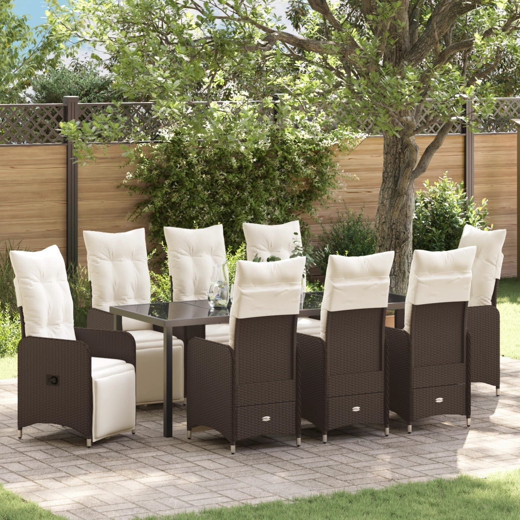 Set da Pranzo da Giardino 9 Pezzi con Cuscini Marroni Polyrattan