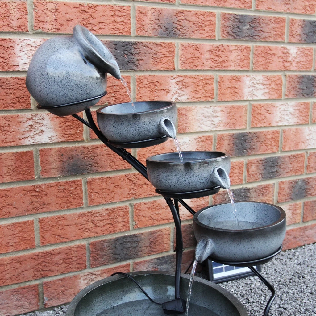 Fontana Solare a Cascata da Giardino con Batteria di Supporto da 6 Ore Fontanella con Pannello Solare e Picchetto Fontanella a Vasi Fontana con Ciotole - Grigio