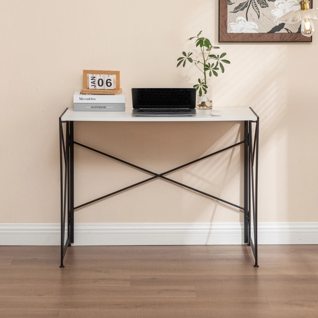 Scrivania pieghevole multifunzionale con struttura in MDF e metallo, per home office e piccoli spazi, bianco, 99 × 50 × 75 cm