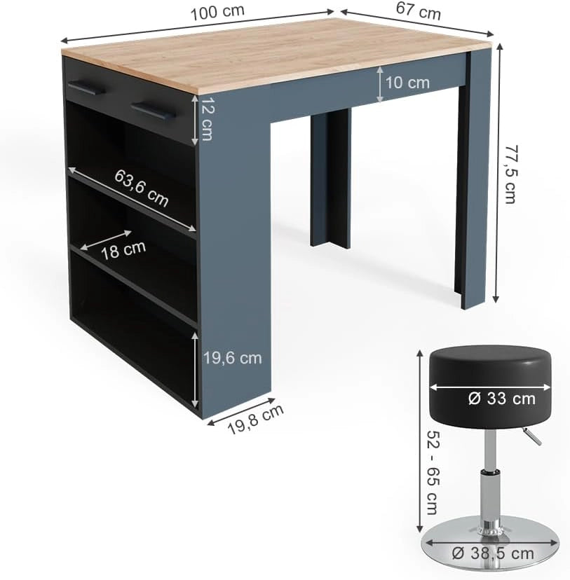 Set di tavoli da pranzo Repose, Antracite/quercia dorata, 67 x 100 cm con 2 sgabelli, adatto come piano di lavoro o area di appoggio aggiuntiva