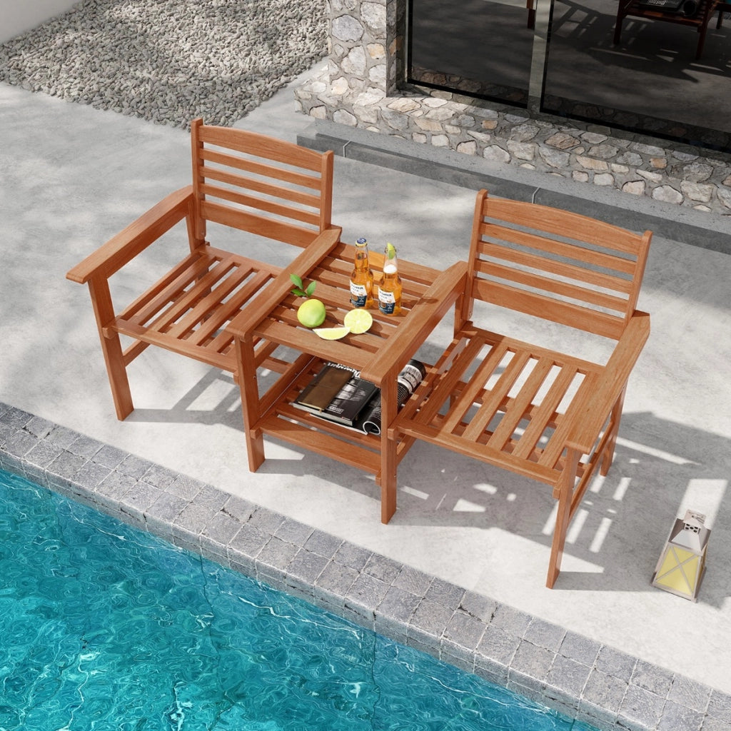 Divano a 2 posti da esterno con tavolo, Set da conversazione in legno con tavolino e foro per ombrellone 159,5x61,5x88cm-Set mobili da esterno