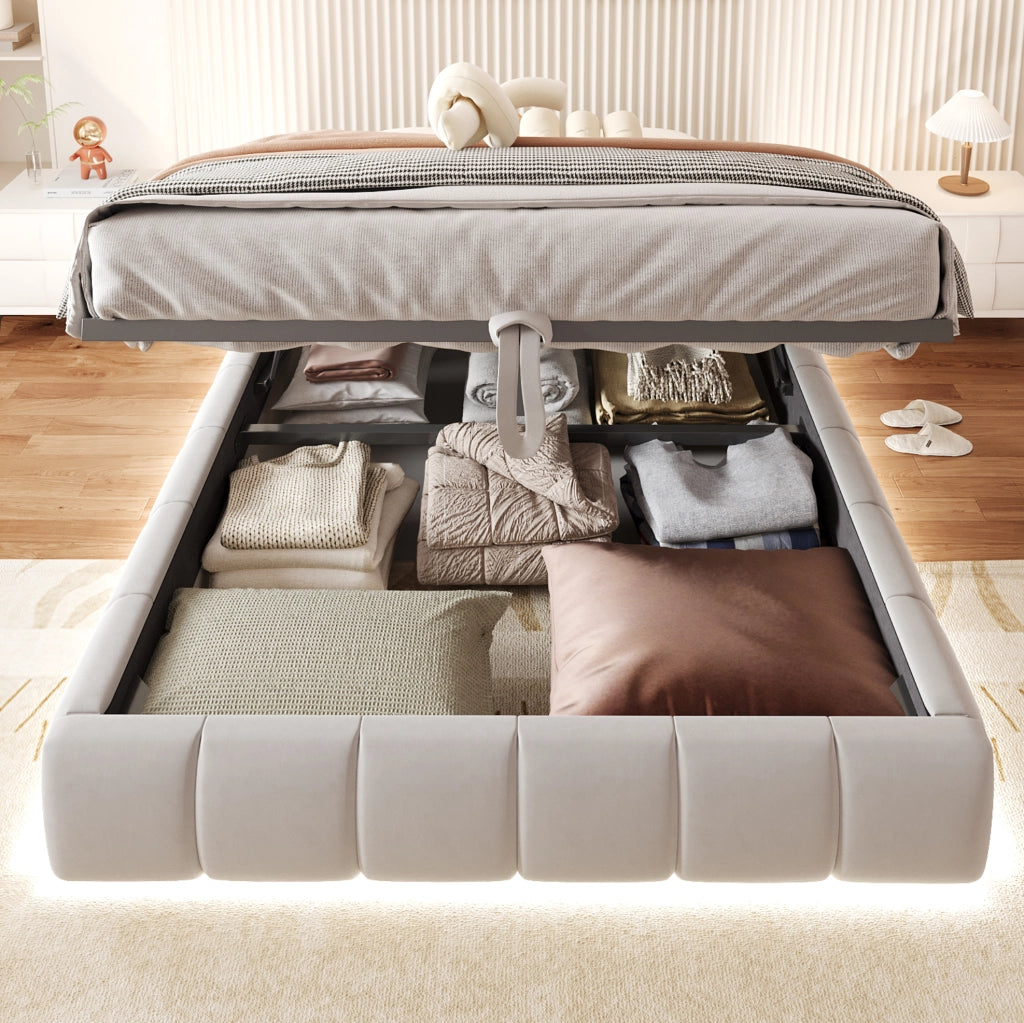 Letto imbottito 140x200 cm senza testiera con LED bianco; contenitore idraulico; beige