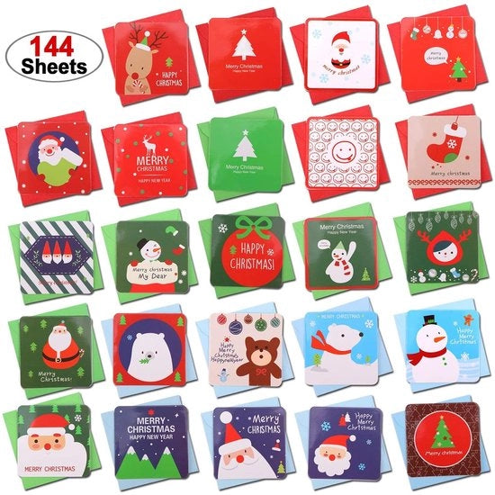 Set di Cartoline Natale da 144 - Mini Cartoline Natale - Bianche per Auguri di Natale - 24 Motivi Unici - Inclusi Buste - 6,9 x 6,9 cm - Cartoline di Auguri