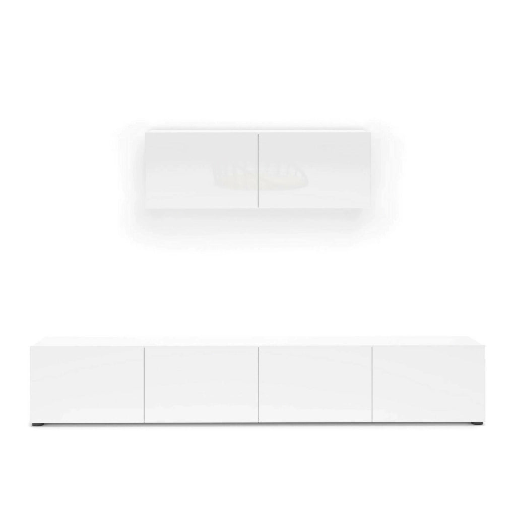 Mobile porta TV Vongfong, Credenza da soggiorno, Armadio basso per TV, Base parete attrezzata, Made in Italy, 225x38h39 cm, Bianco lucido