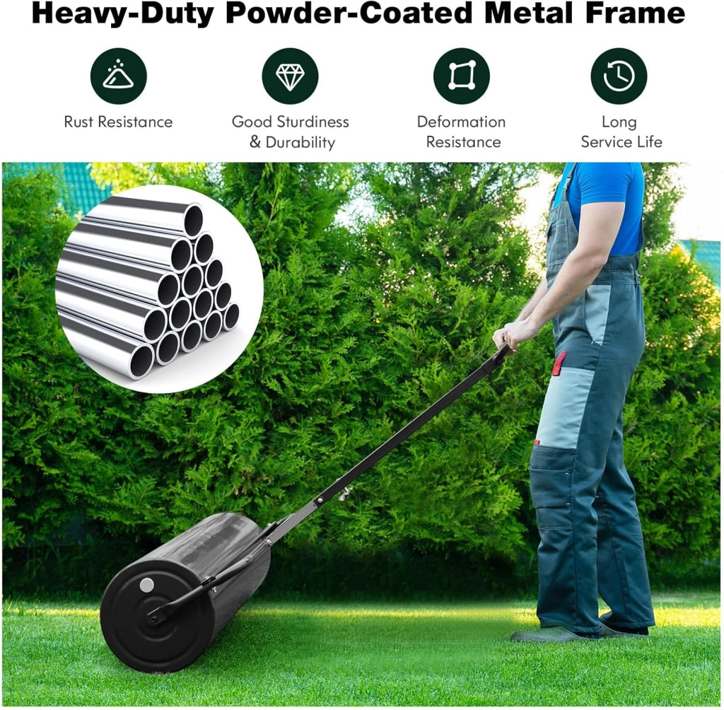 Rullo da Giardino Ø40 cm e 90 di Larghezza, Rullo da Prato in Metallo Manuale e per Trattorino, Rullo con Raschiatore Antisporco e Riempibile con Acqua/Sabbia (Nero, 113L)