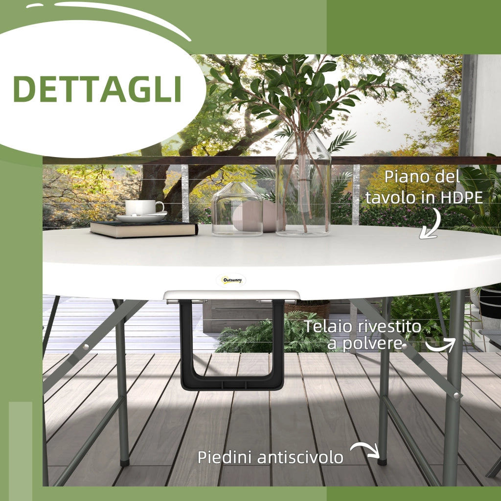 Tavolo Pieghevole per Giardino e Campeggio, in Acciaio e HDPE, ?122x73 cm, Grigio e Bianco
