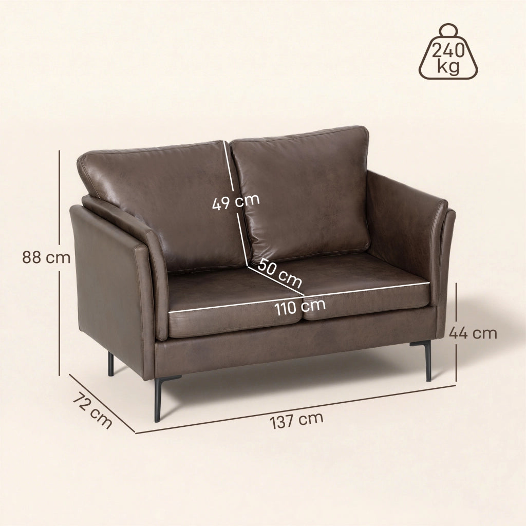 Divano 2 Posti Design Minimal 137x72x88 cm con Imbottitura Spessa in Poliestere Effetto Pelle Marrone Scuro