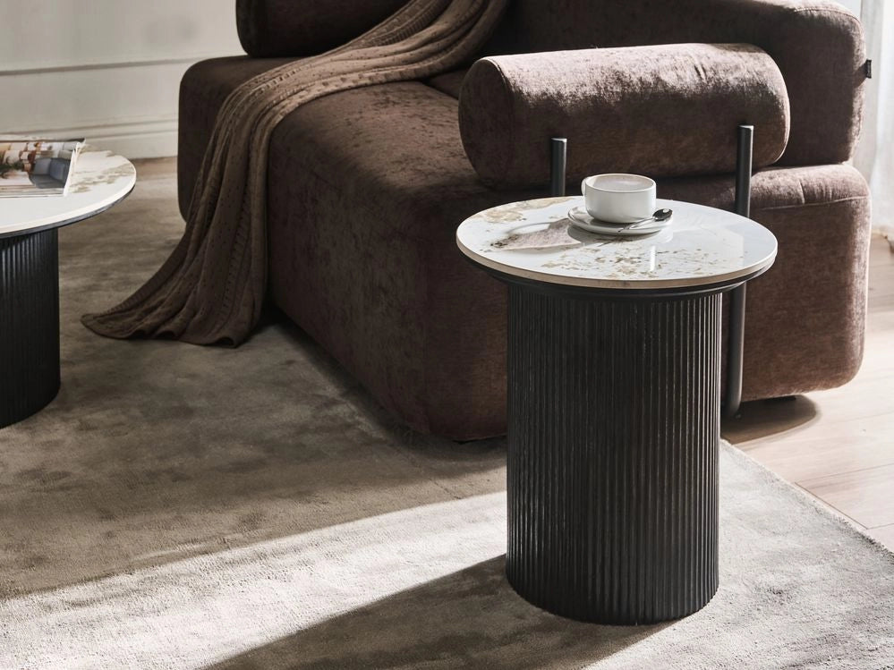 Tavolino Base in MDF Piano in marmo bianco ceramico Design moderno Gambe scanalate ø 45 cm Nero