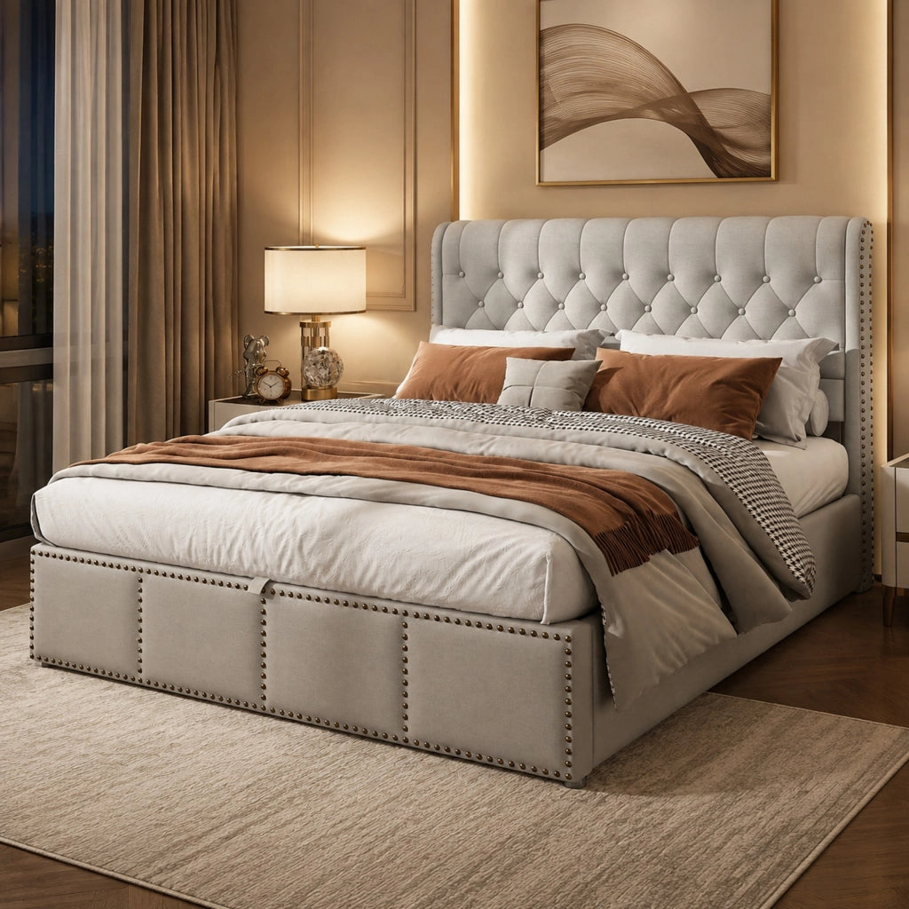 Letto imbottito in lino grigio 140 x 200 cm con contenitore e rete a doghe, stile minimalista europeo