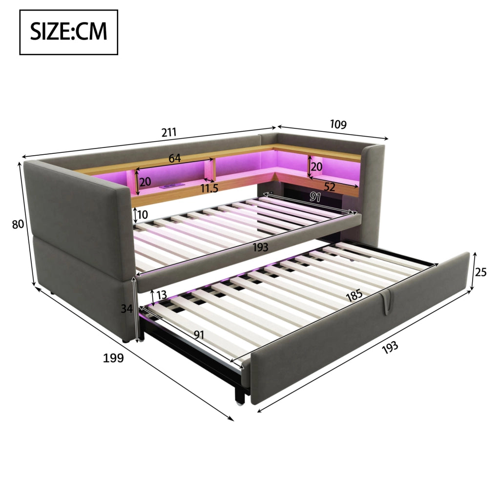 Divano letto imbottito estensibile 90/180x190 cm in flanella grigio scuro con LED e prese