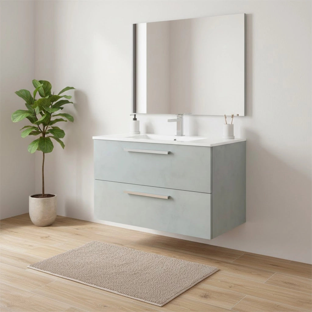 Arredo Bagno Sospeso Mobiletto Due Cassettoni Soft Close Lavandino Lavabo Ceramica Specchio Design Moderno Nordico 57 x 80 x 45 Cm Colore Grigio Cemento