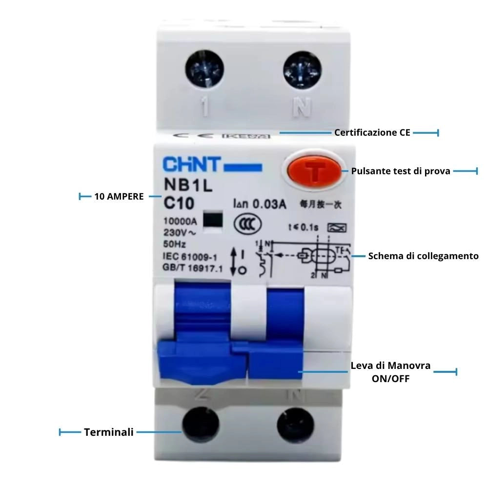 Chint serie nb1l1 interruttore magnetotermico differenziale 1p+n alta protezione *** ampere 10 ampere, confezione 1